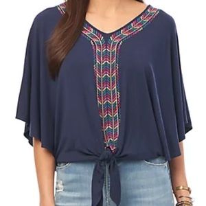 Democracy Navy Tie Front Top With Colorful Embroidery